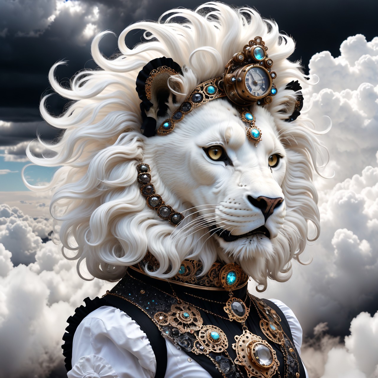 20240615_125830 black-toned Art Nouveau photo of an abyssal steampunk clothed bejewelled lion wearing curlers among the clouds in a bright prist 1041939248 c=8 50 0.4 DPM++ 2M Karras zavychromaxl_v80.jpg